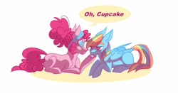 Size: 1280x670 | Tagged: safe, artist:vio-creayta, pinkie pie, rainbow dash, earth pony, pegasus, pony, g4, alternate hairstyle, comforting, female, implied gildash, implied lesbian, implied shipping, mare, no pupils, prone, story included