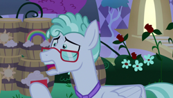 Size: 1920x1080 | Tagged: safe, screencap, feather flatterfly, pegasus, pony, g4, the summer sun setback, anxious, barrel, bush, canterlot, card, flower, folded wings, glasses, hoof hold, looking at someone, male, necktie, night, open mouth, rose, solo, stallion, wings