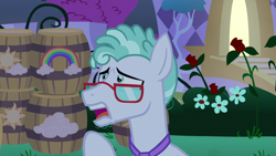 Size: 1920x1080 | Tagged: safe, screencap, feather flatterfly, pegasus, pony, g4, the summer sun setback, anxious, barrel, bush, canterlot, flower, glasses, looking at someone, male, necktie, open mouth, rose, scared, solo, stallion