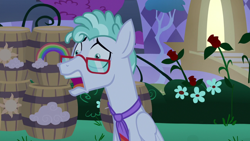 Size: 1920x1080 | Tagged: safe, screencap, feather flatterfly, pegasus, pony, g4, the summer sun setback, anxious, barrel, bush, canterlot, flower, folded wings, glasses, male, necktie, night, open mouth, rose, solo, stallion, tree, wings