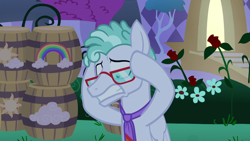 Size: 1920x1080 | Tagged: safe, screencap, feather flatterfly, pegasus, pony, g4, the summer sun setback, anxiety, barrel, flower, glasses, head in hooves, male, necktie, rose, solo, stallion