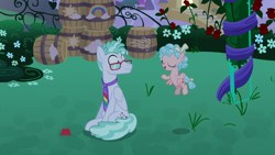 Size: 1920x1080 | Tagged: safe, screencap, cozy glow, feather flatterfly, pegasus, pony, g4, the summer sun setback, barrel, duo, female, filly, flower, glasses, male, necktie, rose, stallion