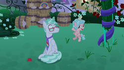 Size: 1920x1080 | Tagged: safe, screencap, cozy glow, feather flatterfly, pegasus, pony, g4, the summer sun setback, barrel, duo, female, filly, flower, glasses, male, necktie, rose, stallion