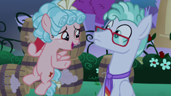 Size: 1920x1080 | Tagged: safe, screencap, cozy glow, feather flatterfly, pegasus, pony, g4, the summer sun setback, barrel, canterlot, card, cozybetes, cute, duo, female, filly, flower, folded wings, freckles, glasses, hoof hold, looking at each other, male, mare, necktie, night, open mouth, rose, smiling, spread wings, stallion, underhoof, wings