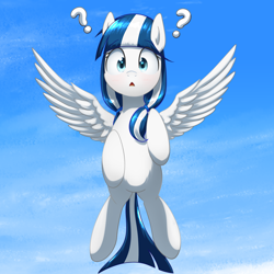 Size: 2958x2958 | Tagged: safe, artist:yinglung, oc, oc only, oc:flowing chalice, pegasus, pony, confused, flying, galicia, high res, looking at you, question mark, solo