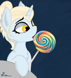 Size: 1080x1189 | Tagged: safe, alternate version, artist:kotwitz, oc, oc only, oc:aria taitava, pony, unicorn, abstract background, bedroom eyes, candy, fluffy, food, hair bun, licking, lollipop, makeup, solo, tongue out