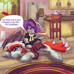 Size: 1600x1600 | Tagged: safe, artist:tiothebeetle, oc, oc only, bat pony, earth pony, pony, angry, bar stool, bow, cabinets, carpet, chair, clothes, collapse, commission, duo, female, floppy ears, food, glasses, highchair, indoors, kitchen, maid, maid headdress, male, membranous wings, microwave, on the floor, painting, refrigerator, soup, swing, tired, toaster, tree, vacant expression, wings, wood