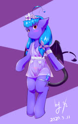 Size: 648x1024 | Tagged: safe, artist:ninebuttom, oc, oc only, oc:frozen light, bat pony, succubus, semi-anthro, ahoge, bat wings, blushing, chest fluff, clothes, devil tail, female, flower, flower in hair, mare, see-through, see-through dress, solo, tattoo, wings, womb tattoo