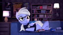 Size: 2048x1152 | Tagged: safe, artist:owlpirate, derpy hooves, pegasus, pony, g4, 3d, bookshelf, clothes, couch, drink, female, food, glasses, lamp, mare, monster energy, pepsi, poster, shirt, soda, solo, t-shirt