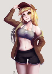 Size: 706x1000 | Tagged: safe, artist:the-park, derpy hooves, human, g4, adorasexy, armpits, baseball cap, belly button, breasts, busty derpy hooves, cap, cleavage, clothes, cute, female, hat, human coloration, humanized, jacket, long hair, midriff, sexy, shorts, simple background, solo, tank top, thigh gap