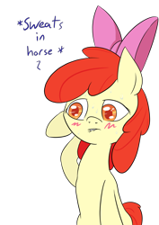 Size: 1000x1414 | Tagged: safe, artist:happy harvey, apple bloom, g4, blushing, bow, female, filly, hair bow, lip bite, phone drawing, simple background, sweat, sweating profusely, transparent background