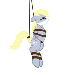 Size: 910x908 | Tagged: safe, artist:applejack002, artist:bluesplendont, artist:radiantrealm, edit, derpy hooves, pegasus, pony, g4, arm behind back, base used, bondage, bound and gagged, cloth gag, damsel in distress, eyes closed, female, femsub, gag, hanging, mare, rope, rope bondage, show accurate, simple background, solo, submissive, suspended, trace, white background
