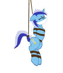Size: 785x909 | Tagged: safe, artist:applejack002, artist:bluesplendont, artist:radiantrealm, edit, minuette, pony, unicorn, g4, arm behind back, base used, bondage, bound and gagged, cloth gag, damsel in distress, eyes closed, female, femsub, gag, hanging, mare, rope, rope bondage, show accurate, simple background, solo, submissive, suspended, trace, white background