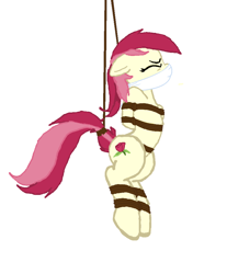 Size: 776x936 | Tagged: safe, artist:applejack002, artist:bluesplendont, artist:radiantrealm, edit, roseluck, earth pony, pony, g4, arm behind back, base used, bondage, bound and gagged, cloth gag, damsel in distress, eyes closed, female, femsub, gag, hanging, mare, rope, rope bondage, show accurate, simple background, solo, submissive, suspended, trace, white background