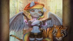 Size: 2758x1550 | Tagged: safe, artist:radioaxi, rainbow dash, big cat, pegasus, tiger, semi-anthro, g4, amulet, arm hooves, belly button, bipedal, clothes, crossover, female, gun, handgun, hieroglyphics, jewelry, lidded eyes, looking at you, magic, mare, midriff, necklace, pistol, shorts, smiling, spread wings, tomb raider, weapon, wings