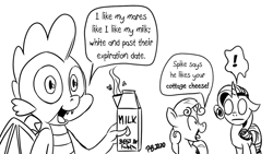 Size: 1200x675 | Tagged: safe, artist:pony-berserker, rarity, spike, sweetie belle, dragon, pony, unicorn, pony-berserker's twitter sketches, g4, breaking the fourth wall, empty eyes, milk, monochrome, pun, speech bubble, spike is a goddamm moron, talking to viewer, this will end in pain, this will end in tears, winged spike, wings