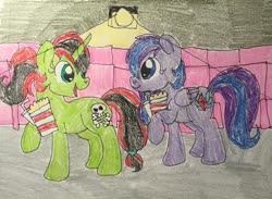 Size: 400x292 | Tagged: safe, oc, oc only, oc:cassie micheals, oc:pony adean, pegasus, pony, unicorn, cinema, drink, food, popcorn, traditional art