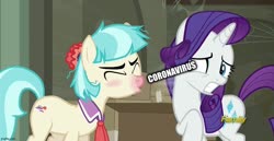 Size: 1056x545 | Tagged: safe, edit, edited screencap, editor:useraccount, screencap, coco pommel, rarity, g4, the saddle row review, blushing, caption, coronavirus, covid-19, covidiots, disgusted, disgusting, image macro, red nosed, sick, sneezing, text, too soon