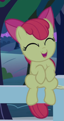 Size: 389x736 | Tagged: safe, screencap, apple bloom, pony, g4, going to seed, adorabloom, cropped, cute, eyes closed, female, fence, open mouth, sitting, solo