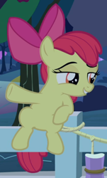 Size: 456x753 | Tagged: safe, screencap, apple bloom, earth pony, pony, g4, going to seed, cropped, female, fence, sitting, smug, solo
