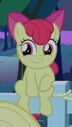 Size: 380x665 | Tagged: safe, screencap, apple bloom, earth pony, pony, g4, going to seed, adorabloom, cropped, cute, female, fence, sitting, smiling, solo