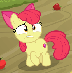 Size: 875x885 | Tagged: safe, screencap, apple bloom, earth pony, pony, g4, going to seed, cropped, female, raised hoof, solo, worried