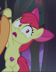 Size: 743x941 | Tagged: safe, screencap, apple bloom, earth pony, pony, g4, going to seed, cropped, female, open mouth, solo, tied up