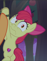 Size: 721x943 | Tagged: safe, screencap, apple bloom, earth pony, pony, g4, going to seed, cropped, female, scared, solo, tied up, wavy mouth