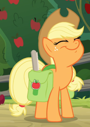Size: 560x792 | Tagged: safe, screencap, applejack, pony, g4, going to seed, bag, cropped, cute, eyes closed, faic, female, jackabetes, saddle bag, smiling, solo