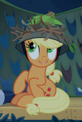Size: 373x556 | Tagged: safe, screencap, applejack, pony, g4, going to seed, cropped, female, hat, sitting, smiling, solo