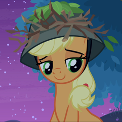 Size: 942x937 | Tagged: safe, screencap, applejack, earth pony, pony, g4, going to seed, cropped, cute, female, hat, jackabetes, lidded eyes, smiling, solo