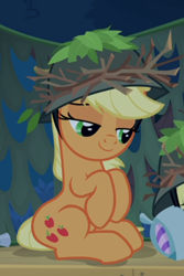 Size: 426x639 | Tagged: safe, screencap, applejack, pony, g4, going to seed, cropped, cute, female, hat, jackabetes, lidded eyes, sitting, smiling, smug, solo