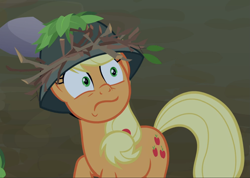 Size: 1321x938 | Tagged: safe, screencap, applejack, g4, going to seed, cropped, female, helmet, looking up, shocked, shrunken pupils, wavy mouth