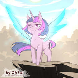 Size: 800x800 | Tagged: safe, artist:cold-blooded-twilight, twilight sparkle, alicorn, pony, cold blooded twilight, g4, alternate design, bobcut, chest fluff, cliff, cloud, cloudy, cutie mark, dust, female, looking forward, rock, smiling, solo, spread wings, twilight sparkle (alicorn), unshorn fetlocks, wings