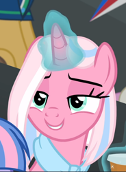 Size: 692x939 | Tagged: safe, screencap, clear sky, pony, common ground, g4, cropped, female, glowing horn, horn, lidded eyes, smiling, solo