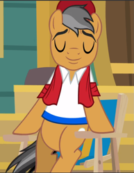 Size: 729x943 | Tagged: safe, screencap, quibble pants, earth pony, pony, common ground, g4, chair, cropped, eyes closed, male, smiling, solo, stallion