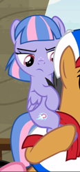 Size: 436x938 | Tagged: safe, screencap, quibble pants, wind sprint, earth pony, pegasus, pony, common ground, g4, cropped, female, filly, foal, male, offscreen character, piggyback ride, solo focus, stallion, wind sprint is not amused