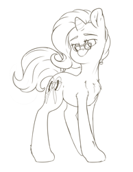 Size: 2400x3100 | Tagged: safe, artist:fluffyxai, oc, oc only, pony, unicorn, accessory, black and white, glasses, grayscale, high res, looking at you, monochrome, sketch, smiling, solo, standing
