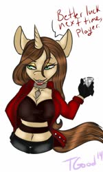 Size: 770x1280 | Tagged: safe, artist:-censored-, oc, oc only, unicorn, anthro, clothes, collar, female, gloves, horn, simple background, speech, unicorn oc, white background