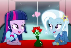 Size: 1280x859 | Tagged: safe, artist:3d4d, artist:grapefruitface1, trixie, twilight sparkle, equestria girls, g4, blushing, chair, date, female, flower, lesbian, paint.net, romantic, ship:twixie, shipping, show accurate, table, window