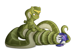 Size: 5000x3500 | Tagged: safe, artist:fluffyxai, oc, oc only, oc:hotsun, oc:melyssa, lamia, original species, pony, snake, snake pony, accessory, coiling, coils, happy, jewelry, male, malesub, nipples, nudity, simple background, smiling, squished face, stallion, submissive, transparent background, wrapped up