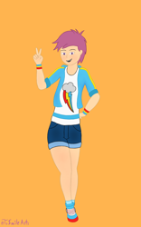 Size: 1800x2887 | Tagged: safe, artist:tosmilearts, kotobukiya, scootaloo, human, g4, adolescent, clothes, cute, cutie mark, denim shorts, female, humanized, legs, moe, peace sign, shoes, shorts, sneakers, solo, tomboy
