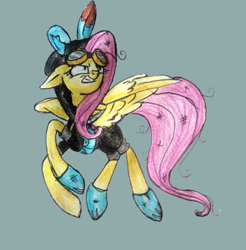 Size: 710x721 | Tagged: safe, artist:mysteriousshine, fluttershy, pegasus, pony, badass, bunny ears, clothes, costume, dangerous mission outfit, female, flutterbadass, flying, goggles, hoodie, looking up, mare, messy mane, scowl, simple background, solo, traditional art