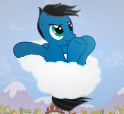 Size: 3600x3300 | Tagged: safe, artist:agkandphotomaker2000, oc, oc only, oc:pony video maker, pegasus, pony, cloud, deep cloud, embarrassed, high res, legs raised, male, on a cloud, ponyville, solo, stallion, stuck, stuck in a cloud, sugarcube corner, town hall