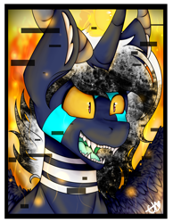 Size: 1524x1959 | Tagged: safe, artist:chazmazda, oc, oc only, oc:atlas, pony, colored, commission, commissions open, digital art, fire, flat colors, markings, shade, shading, solo, teeth, third eye, three eyes