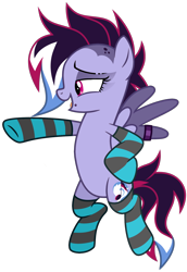 Size: 1260x1831 | Tagged: safe, artist:binakolombina, oc, oc only, oc:brie spacer, pegasus, pony, bedroom eyes, clothes, female, flying, mare, multicolored hair, open mouth, piercing, raised hoof, ring, simple background, snake bites, socks, solo, striped socks, transparent background