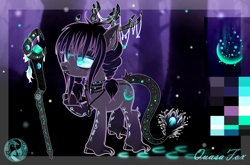 Size: 4000x2643 | Tagged: safe, artist:evilsparrow, artist:quasafox, oc, oc only, oc:nightlight shine, earth pony, pony, antlers, choker, diamond, ear piercing, earring, eyeshadow, feather, female, freckles, jewelry, leonine tail, lip piercing, makeup, mare, markings, necklace, piercing, pigtails, raised hoof, reference sheet, solo, staff, tattoo, tree, twintails, unshorn fetlocks, witch