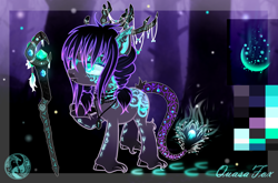Size: 4000x2643 | Tagged: safe, alternate version, artist:evilsparrow, artist:quasafox, oc, oc only, oc:nightlight shine, earth pony, pony, antlers, choker, diamond, ear piercing, earring, eyeshadow, feather, female, freckles, jewelry, leonine tail, lip piercing, makeup, mare, markings, necklace, piercing, pigtails, raised hoof, reference sheet, solo, staff, tattoo, tree, twintails, unshorn fetlocks, witch