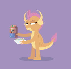 Size: 3781x3691 | Tagged: safe, artist:gd_inuk, smolder, dragon, g4, blank eyes, bowl, cereal, dragoness, empty eyes, female, food, high res, lidded eyes, lineless, milk, milk carton, purple background, simple background, solo, standing