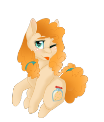 Size: 2000x2354 | Tagged: safe, artist:melpone, pear butter, earth pony, pony, g4, :p, female, freckles, high res, mare, one eye closed, raised hoof, simple background, solo, tongue out, transparent background, wink